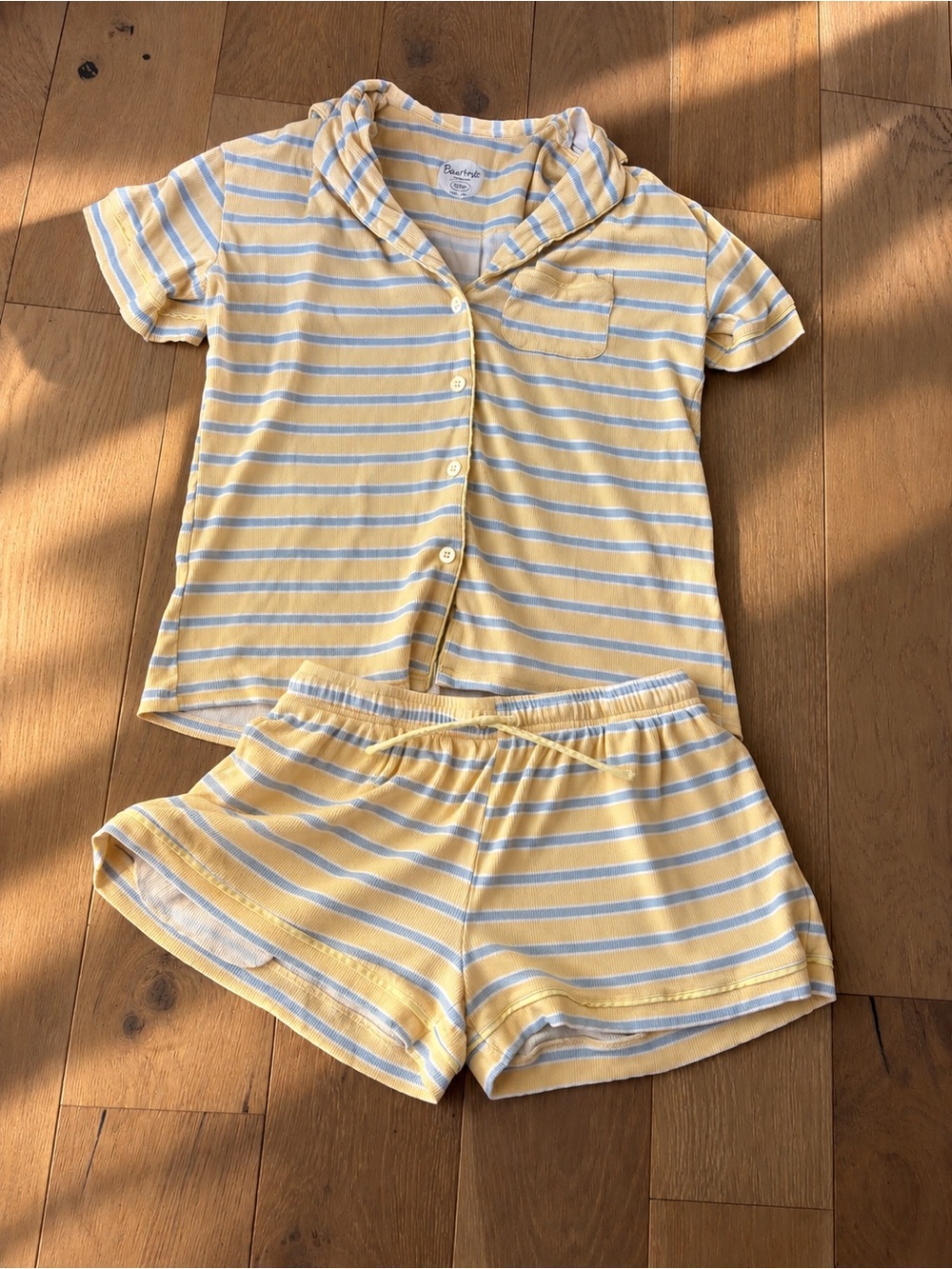 Butter Yellow Blue Stripe Ribbed Bamboo Pajama Lounge Set Large